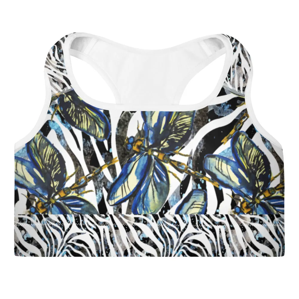 Dragonflies on Zebra - Padded Sports Bra