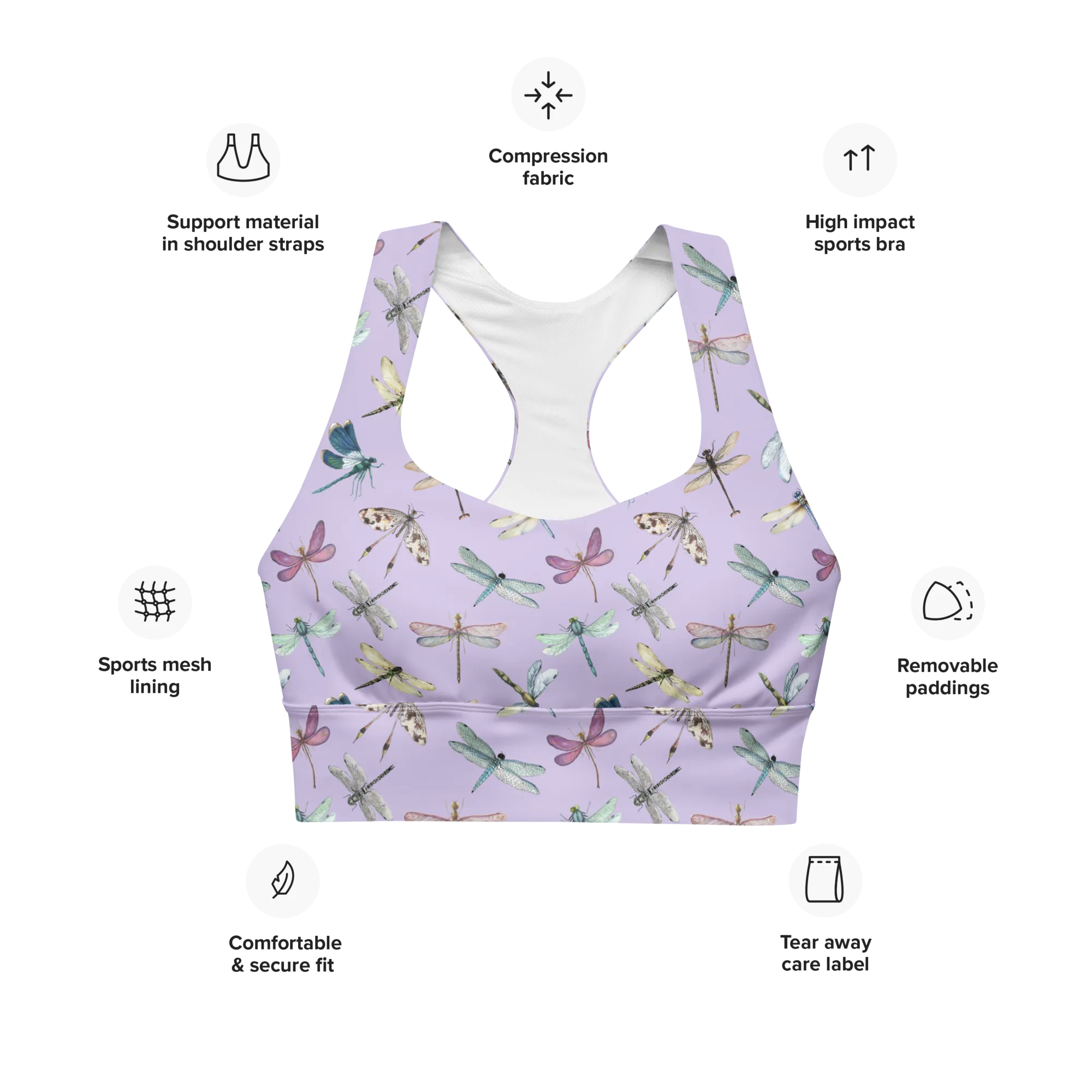 Dragonfly Recycled Longline Sports Bra - Small Print - Fog