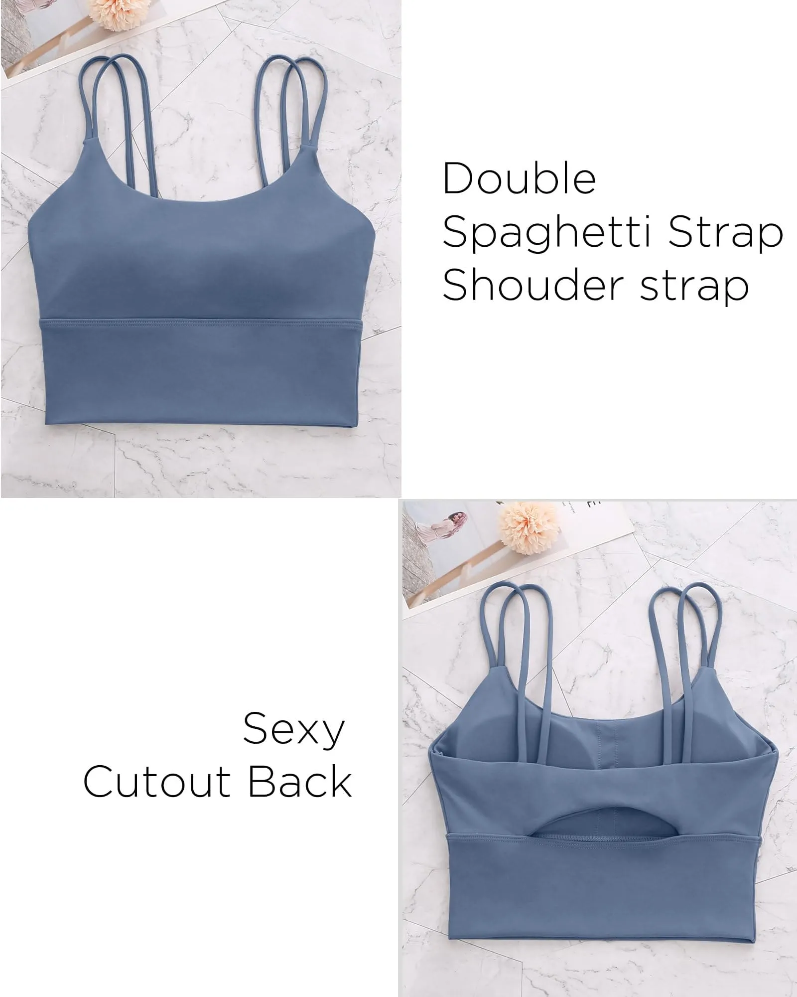Everrysea Longline Sports Bra for Women Padded Workout Tank Tops Built in Bras Strappy Yoga Corp Top Camisole Blue