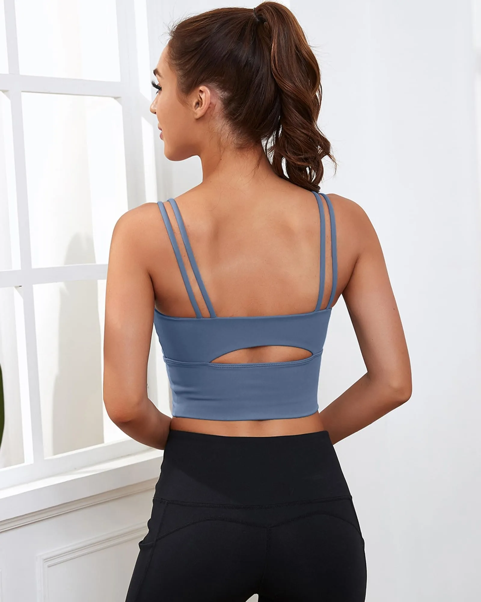 Everrysea Longline Sports Bra for Women Padded Workout Tank Tops Built in Bras Strappy Yoga Corp Top Camisole Blue