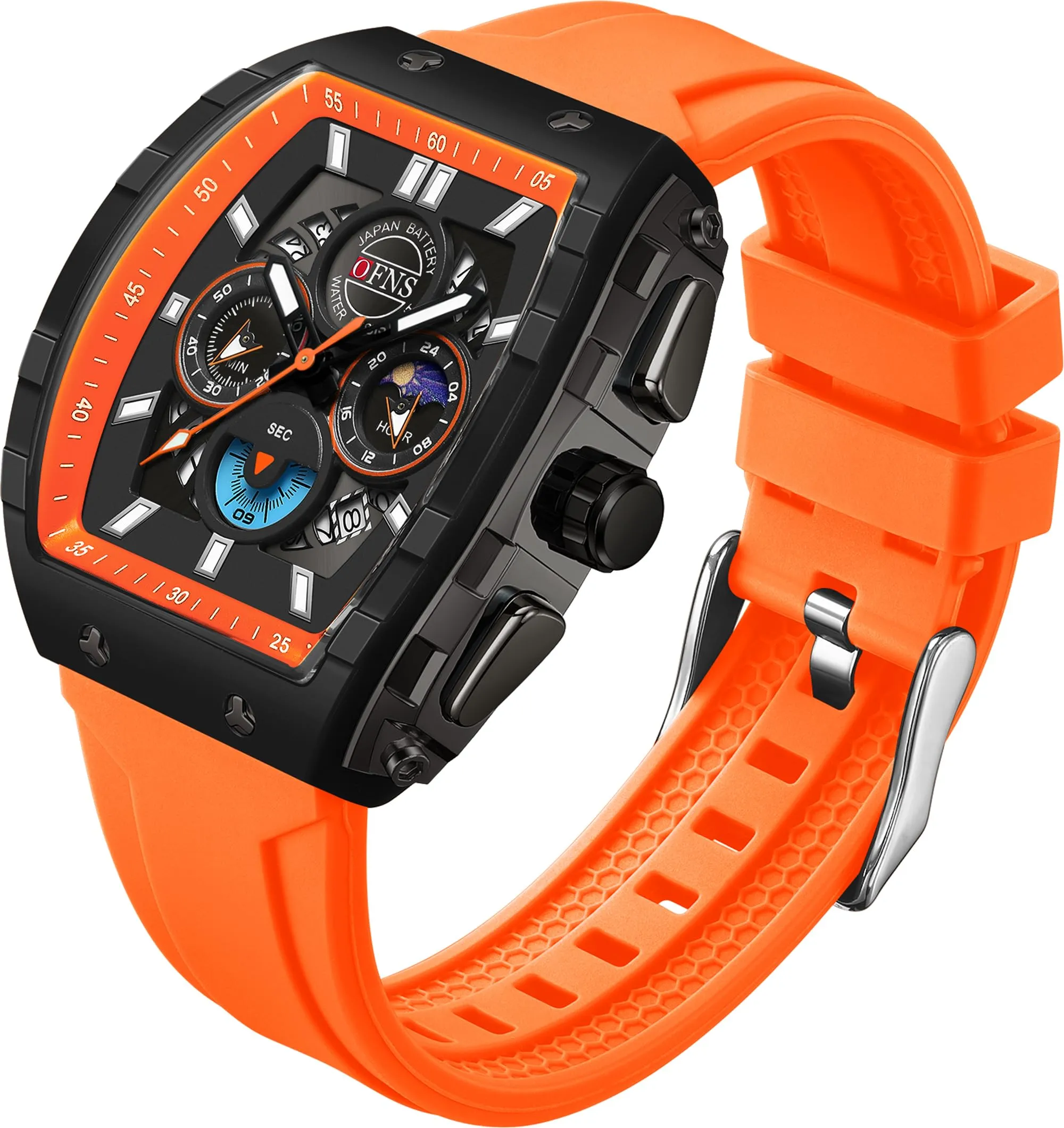 Findtime Men's Watch Fashion Analog Watches Tonneau Unique Sport Wrist Watch Quartz Chronograph Waterproof Watches with Luminous Calendar Curved Screen