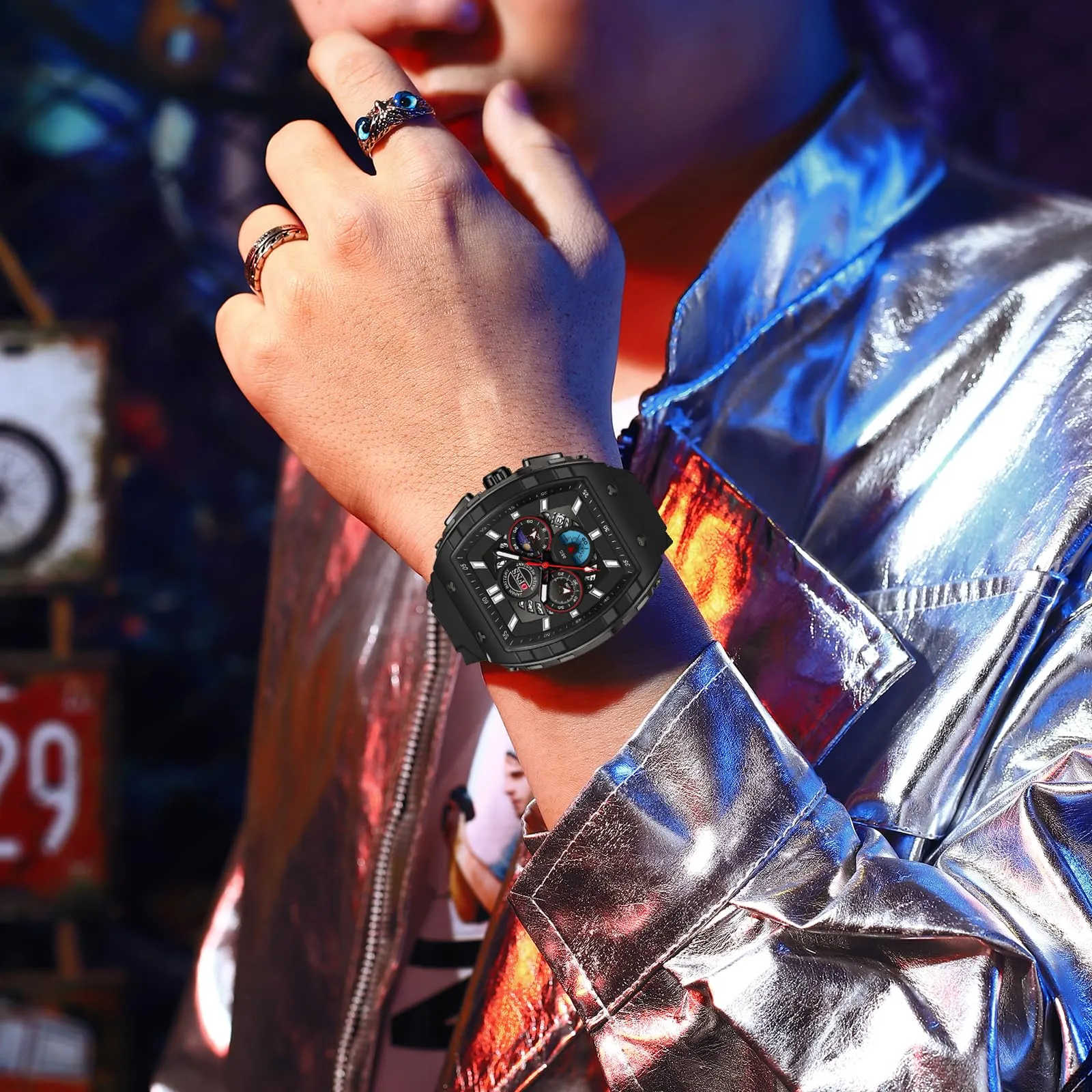 Findtime Men's Watch Fashion Analog Watches Tonneau Unique Sport Wrist Watch Quartz Chronograph Waterproof Watches with Luminous Calendar Curved Screen
