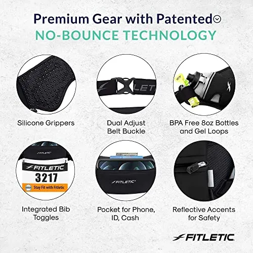 Fitletic Hydra 16 Trail Hydration Belt ‚ Small/Medium, Black | Patented No Bounce Technology for Marathon, Triathlon, Ironman, Trail, 5K, 10K | Running Belt | Race Belt | HD08-C1S