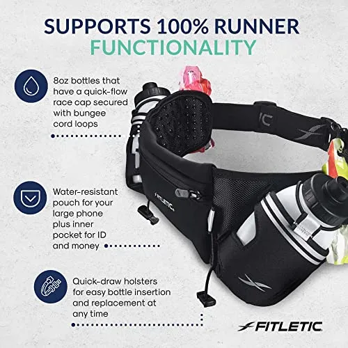 Fitletic Hydra 16 Trail Hydration Belt ‚ Small/Medium, Black | Patented No Bounce Technology for Marathon, Triathlon, Ironman, Trail, 5K, 10K | Running Belt | Race Belt | HD08-C1S