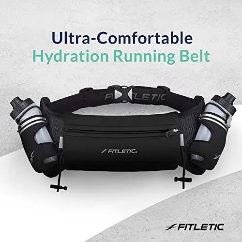 Fitletic Hydra 16 Trail Hydration Belt ‚ Small/Medium, Black | Patented No Bounce Technology for Marathon, Triathlon, Ironman, Trail, 5K, 10K | Running Belt | Race Belt | HD08-C1S