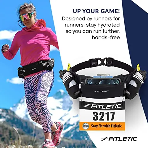 Fitletic Hydra 16 Trail Hydration Belt ‚ Small/Medium, Black | Patented No Bounce Technology for Marathon, Triathlon, Ironman, Trail, 5K, 10K | Running Belt | Race Belt | HD08-C1S