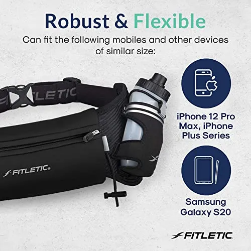 Fitletic Hydra 16 Trail Hydration Belt ‚ Small/Medium, Black | Patented No Bounce Technology for Marathon, Triathlon, Ironman, Trail, 5K, 10K | Running Belt | Race Belt | HD08-C1S