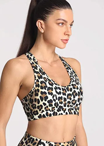 FITTIN Racerback Sports Bra for Women - Halter Yoga Bras for Athletic Workout Gym Running Activewear Bra Tank Tops, Brown Leopard, X-Large