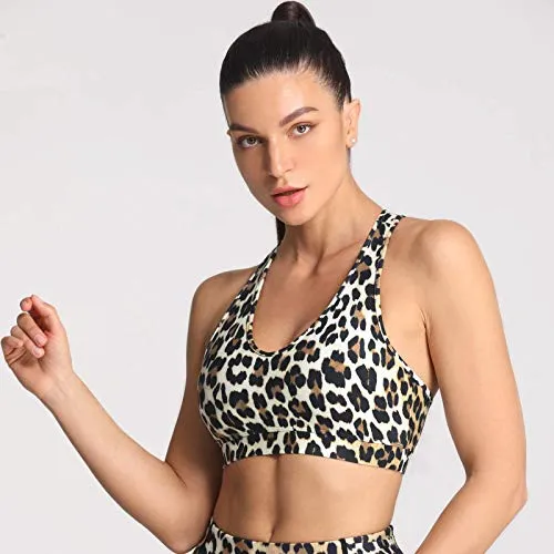 FITTIN Racerback Sports Bra for Women - Halter Yoga Bras for Athletic Workout Gym Running Activewear Bra Tank Tops, Brown Leopard, X-Large