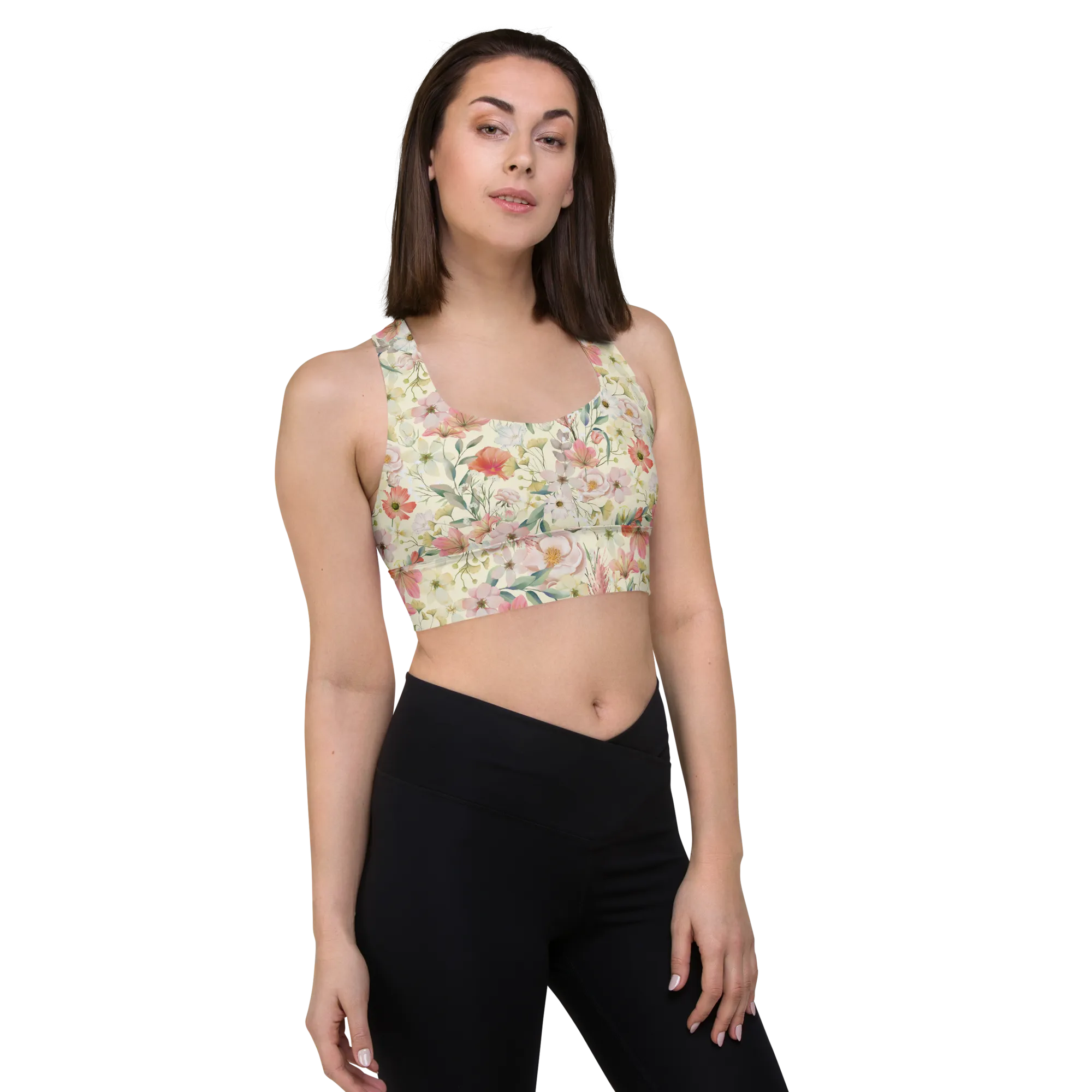 Floristi Recycled Longline Sports Bra - Small Print - Apricot White