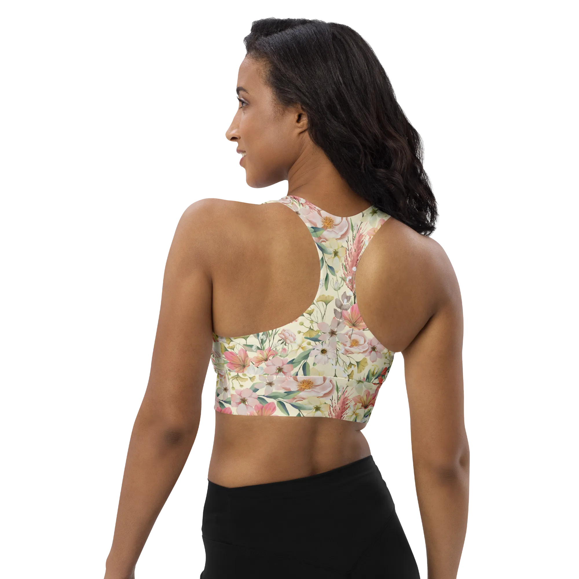 Floristi Recycled Longline Sports Bra - Small Print - Apricot White