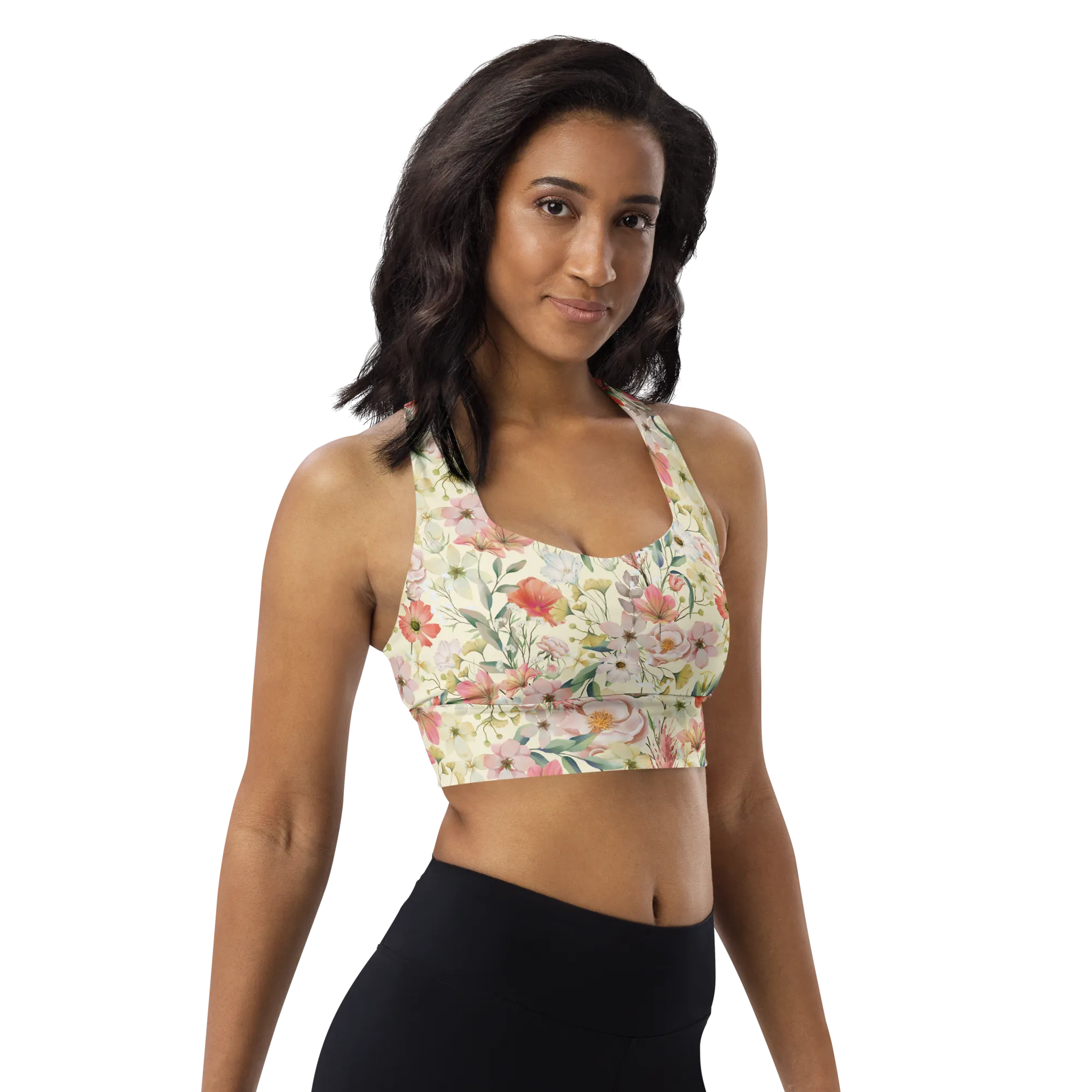 Floristi Recycled Longline Sports Bra - Small Print - Apricot White