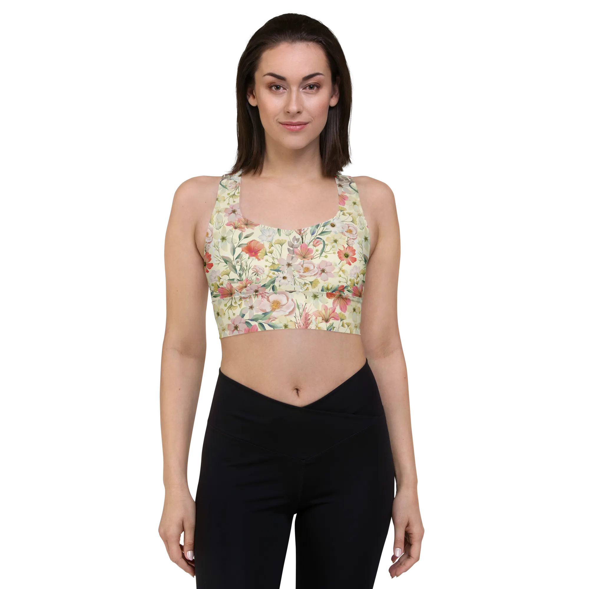 Floristi Recycled Longline Sports Bra - Small Print - Apricot White