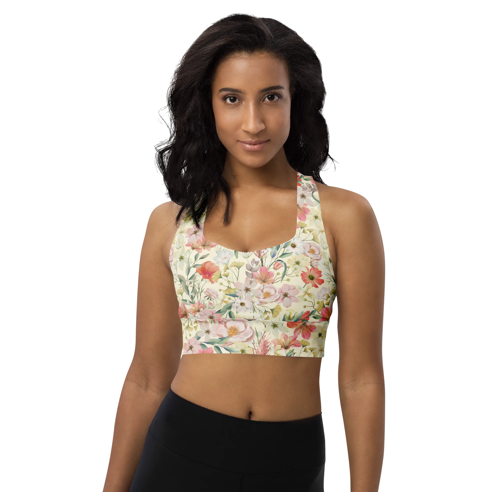 Floristi Recycled Longline Sports Bra - Small Print - Apricot White