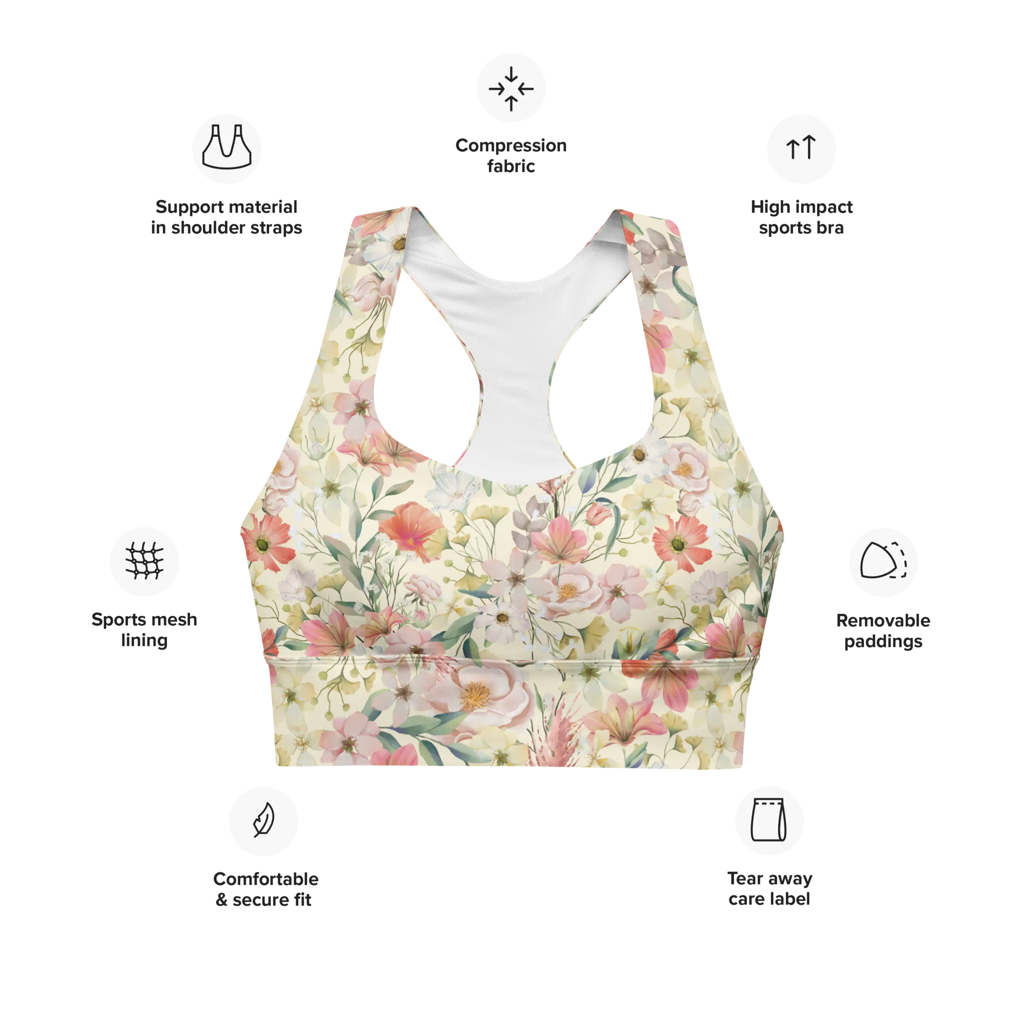 Floristi Recycled Longline Sports Bra - Small Print - Apricot White