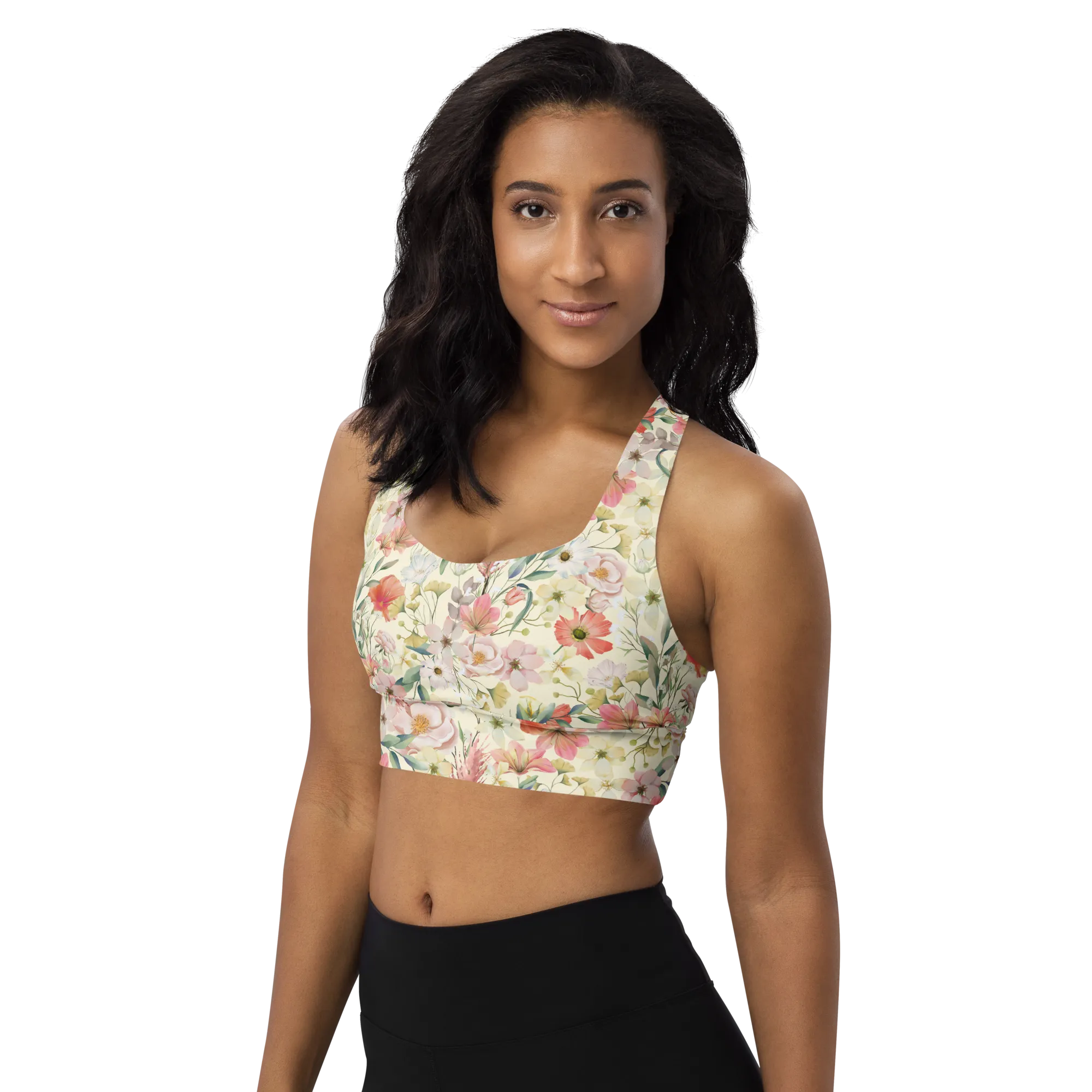 Floristi Recycled Longline Sports Bra - Small Print - Apricot White