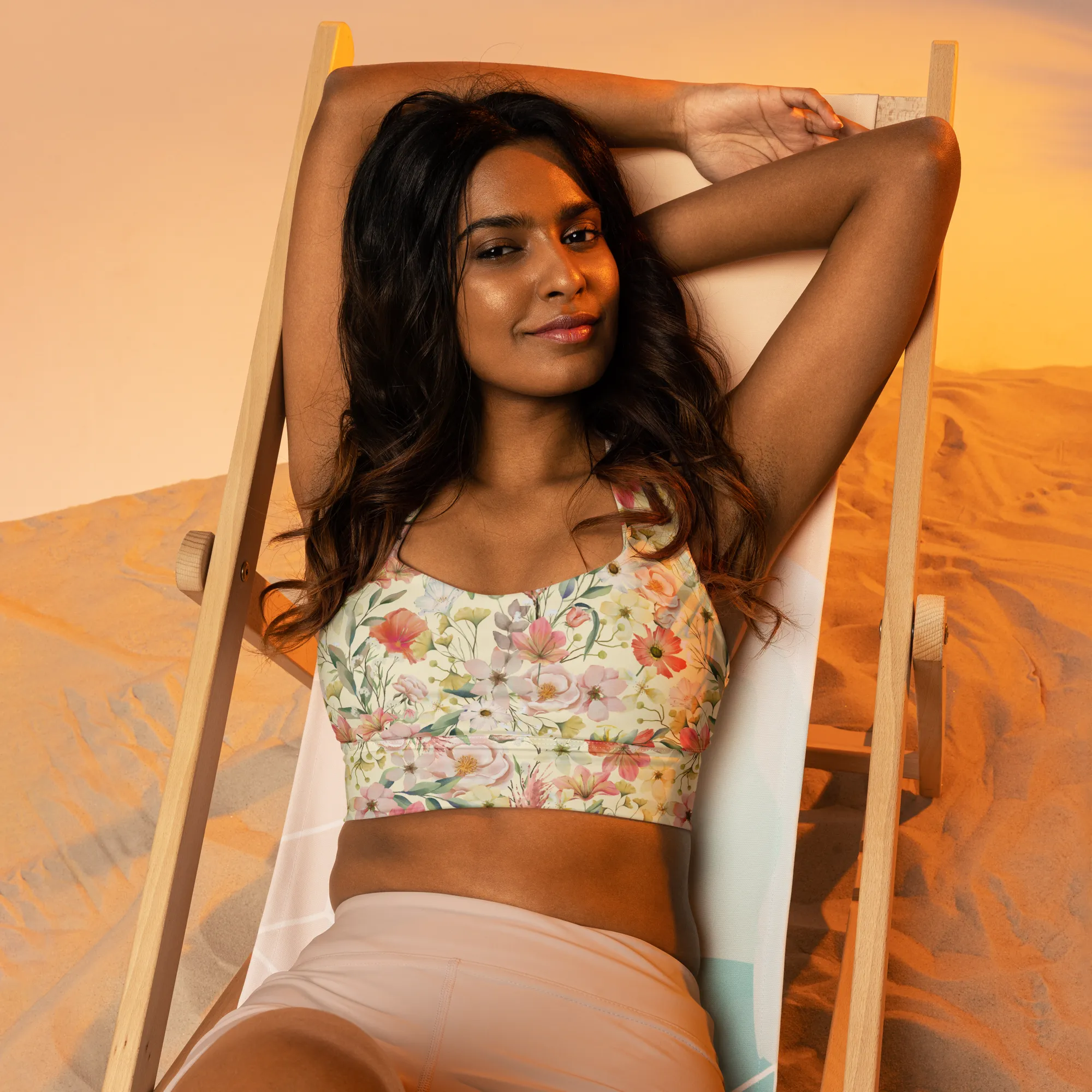 Floristi Recycled Longline Sports Bra - Small Print - Apricot White