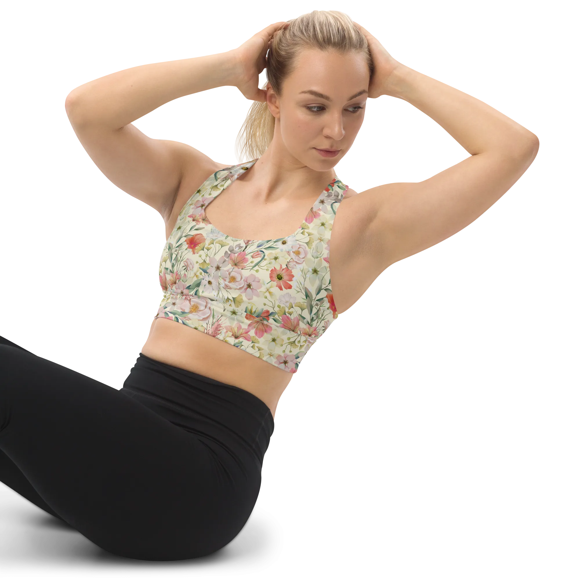 Floristi Recycled Longline Sports Bra - Small Print - Apricot White