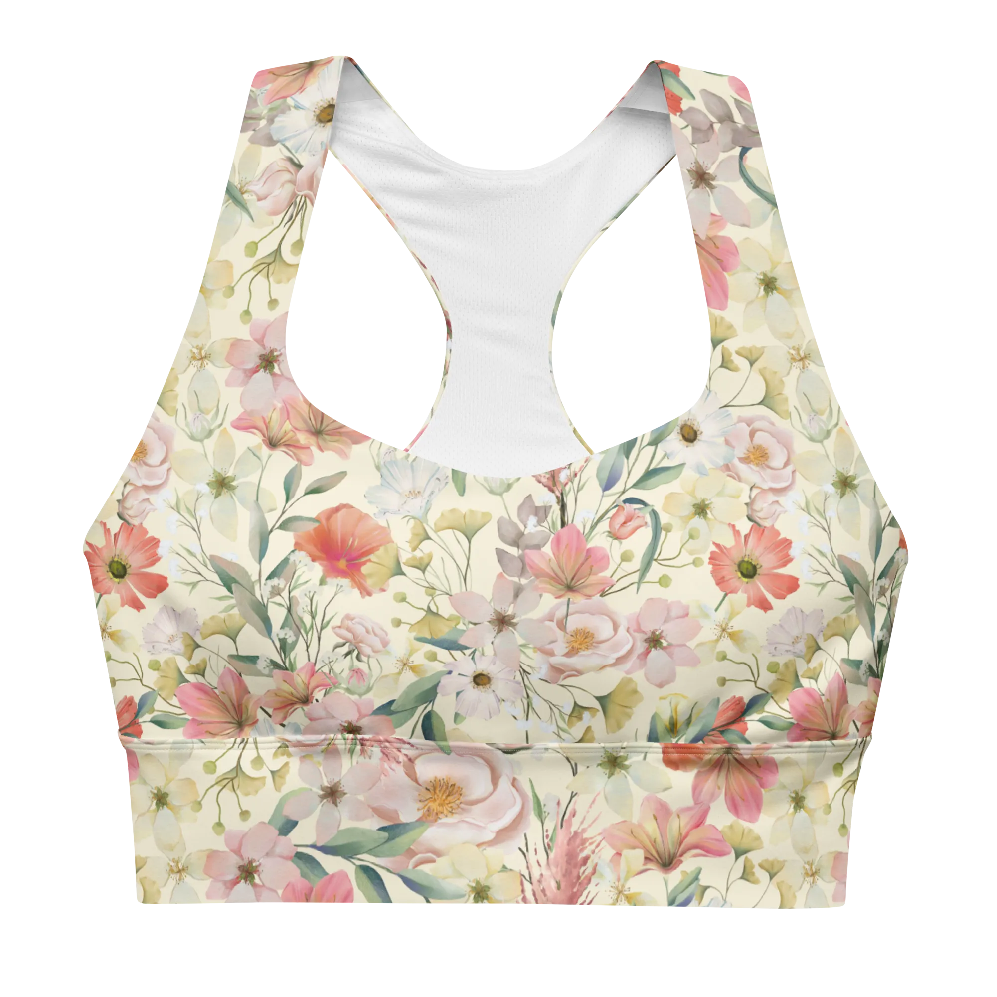 Floristi Recycled Longline Sports Bra - Small Print - Apricot White