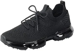 Forever Link Womens Air Cushion Fashion Sneakers Breathable Knit Comfortable Lightweight Walking Shoes, Black, 5.5