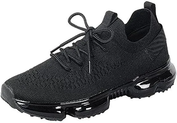 Forever Link Womens Air Cushion Fashion Sneakers Breathable Knit Comfortable Lightweight Walking Shoes, Black, 5.5