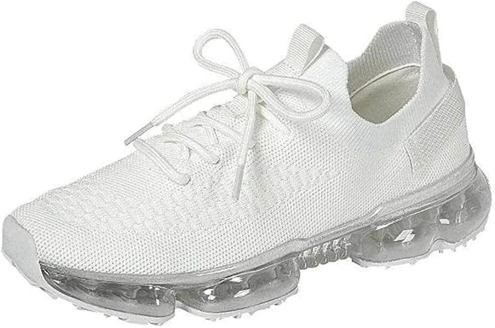 Forever Link Womens Air Cushion Fashion Sneakers Breathable Knit Comfortable Lightweight Walking Shoes, White, 7.5