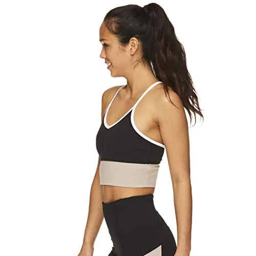 Gaiam Women's Strappy Wireless Bralette - Medium Impact Longline Racerback Workout & Yoga Sports Bra - Black (Tap Shoe) Athena Colorblock, Medium