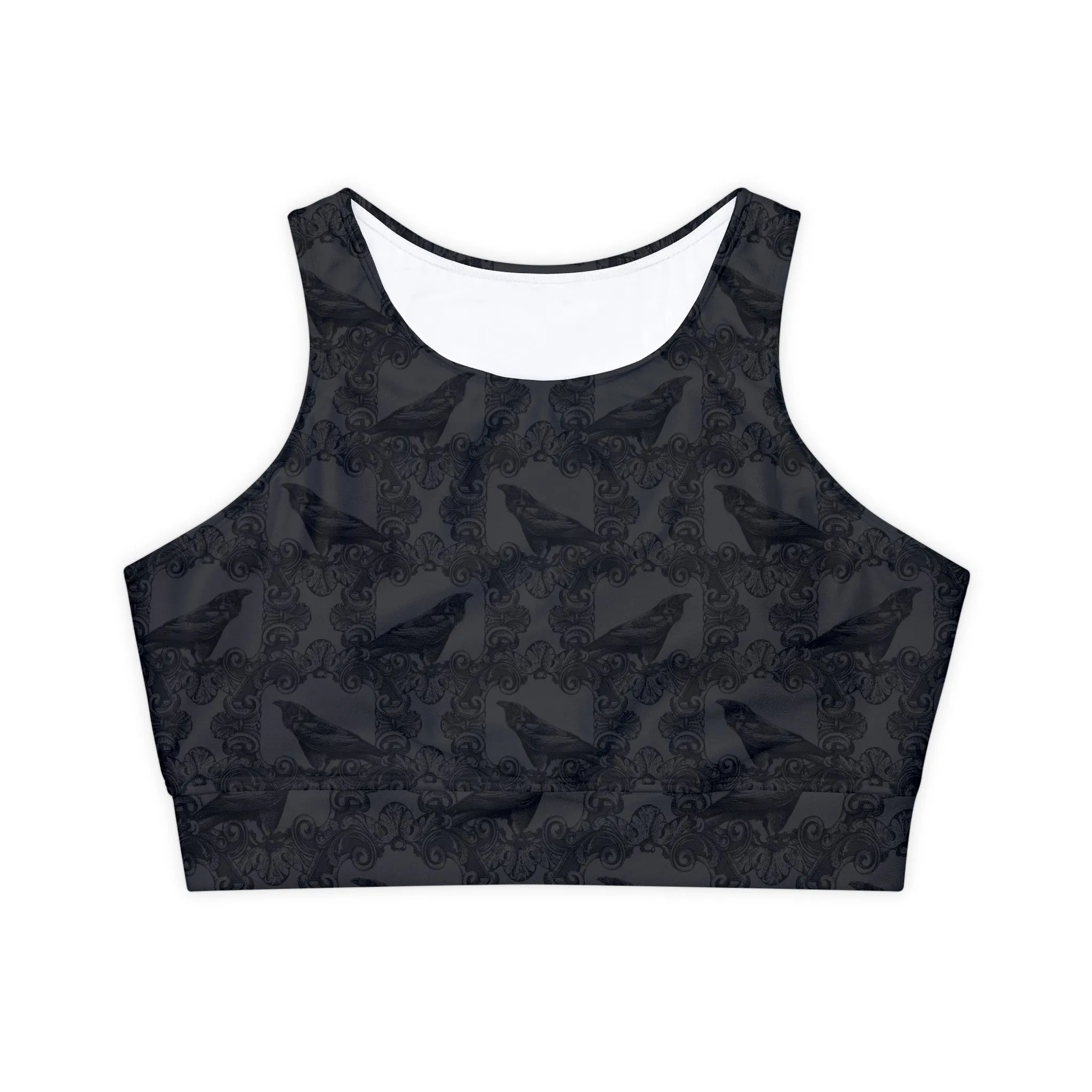 Gothic Raven Fully Lined, Padded Sports Bra, High Neck Sports Bra, Lined Athletic Top, Fitness Apparel