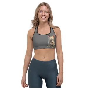 Grey Sports bra with White French Bulldog