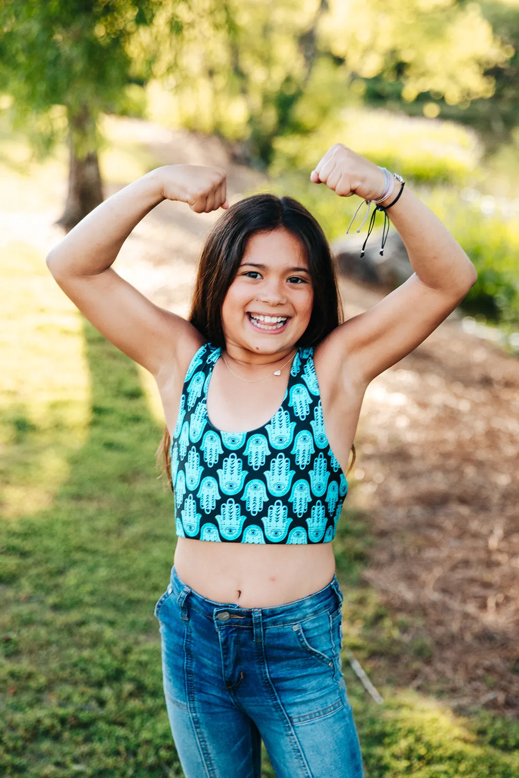 Hannah Bright Turquoise Hamsa Pattern Girls' Double Lined Seamless Sports Bra