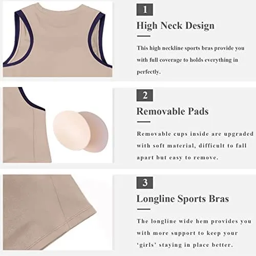 High Neck Sports Bra for Women Longline Full Coverage Sports Bras for Yoga Gym Medium Impact Padded Workout Crop Tops