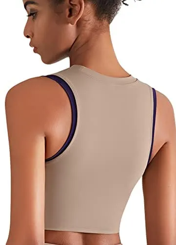 High Neck Sports Bra for Women Longline Full Coverage Sports Bras for Yoga Gym Medium Impact Padded Workout Crop Tops
