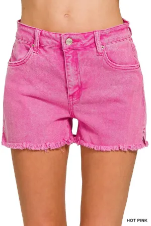 Hot Pink Acid Wash Hem Shorts