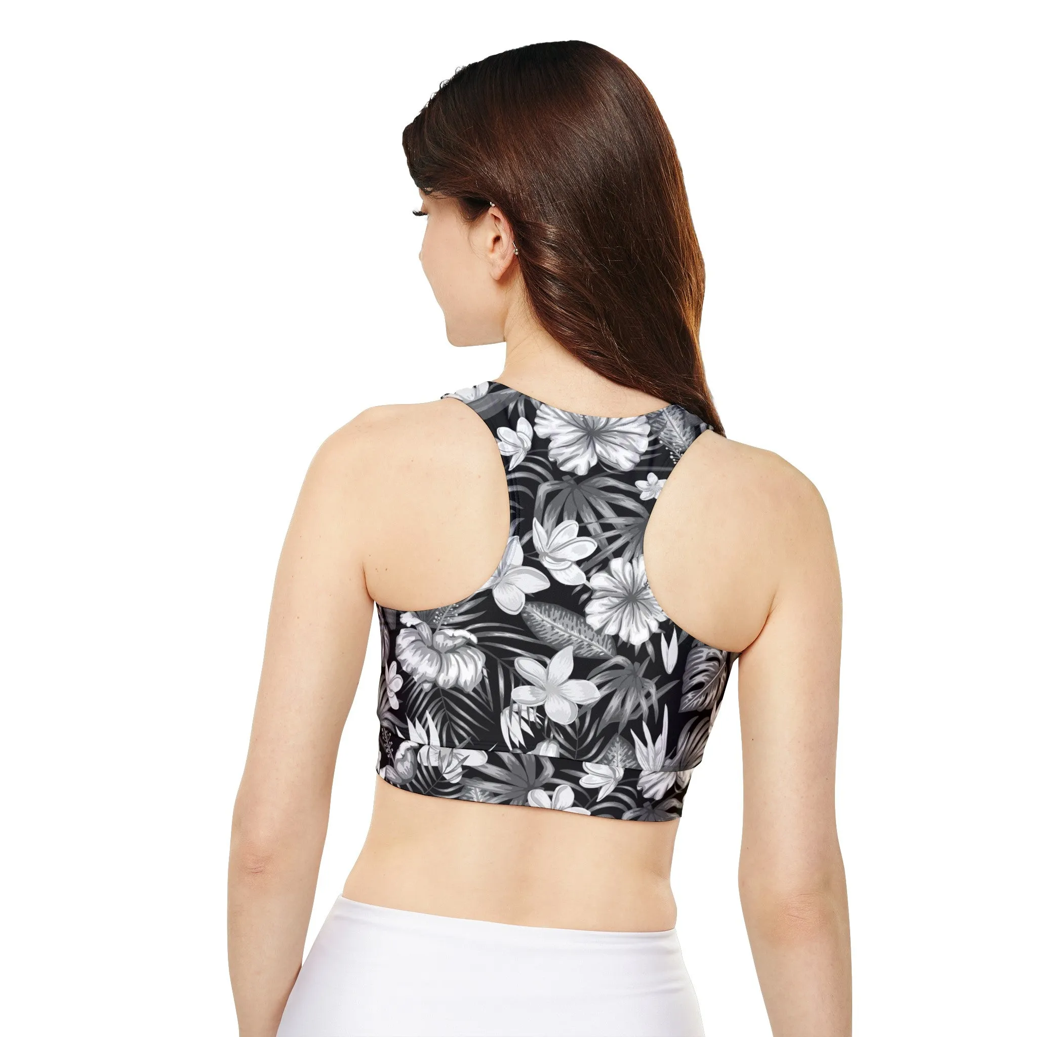 Island Floral Fully Lined, Padded Sports Bra, Black and White Sports Bra, Lined Athletic Top, Fitness Apparel