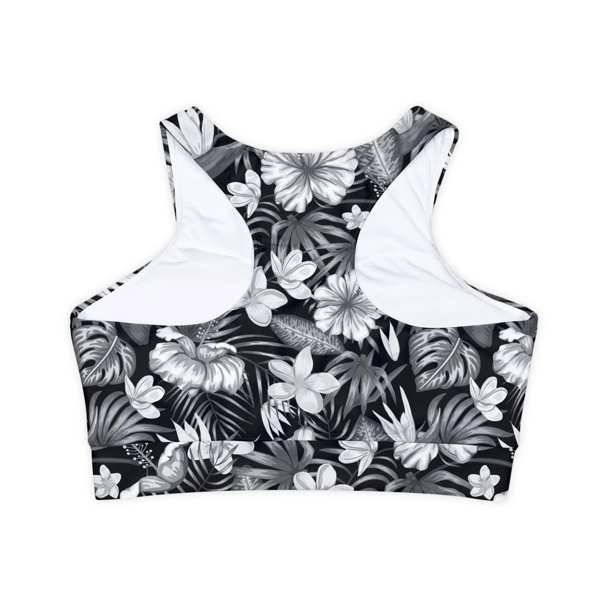Island Floral Fully Lined, Padded Sports Bra, Black and White Sports Bra, Lined Athletic Top, Fitness Apparel