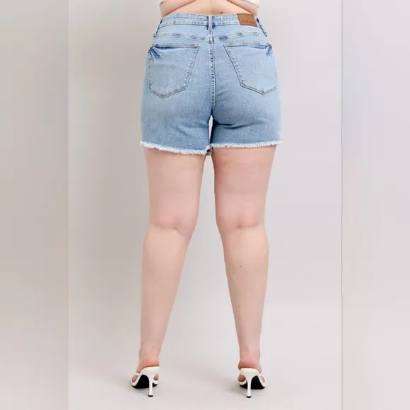 Judy Blue High Rise Tummy Control Light Wash Frayed Hem Denim Shorts Various NEW