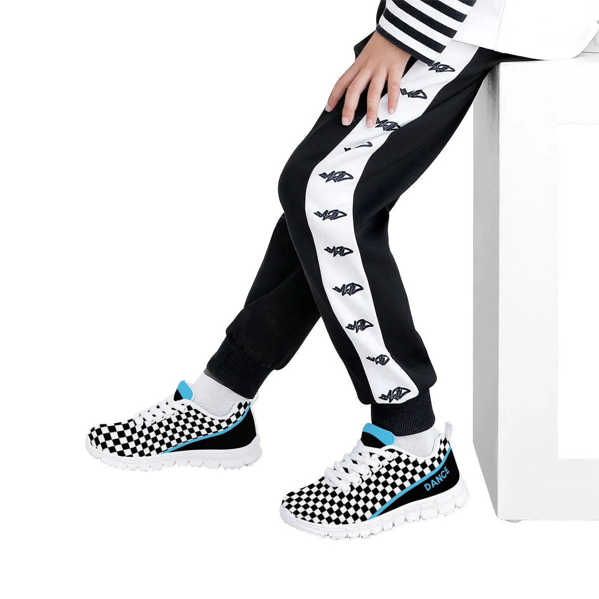 Kids Dance Sneakers - Checkered Black - White - Blue