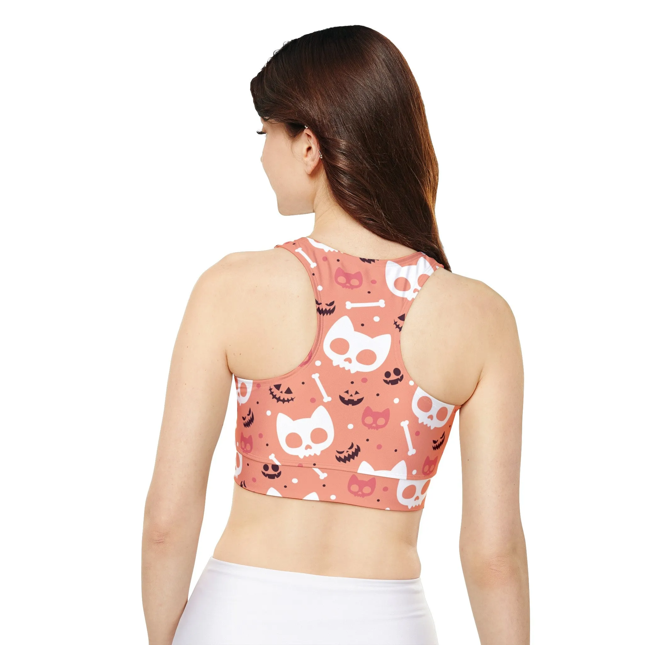 Kitty Skulls in Salmon Fully Lined, Padded Sports Bra, Black and White Sports Bra, Lined Athletic Top, Fitness Apparel