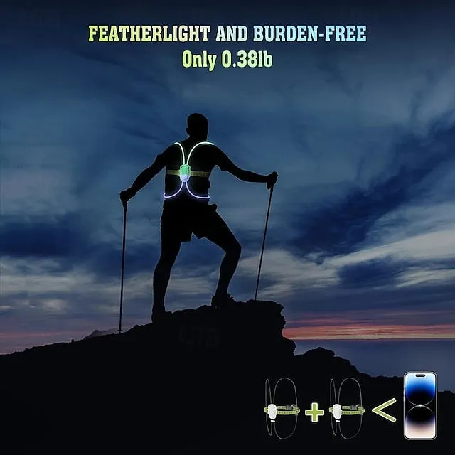 LED Reflective Running Vest Light Super Bright High Visibility Safety Gear with Adjustable Front Light for Night Sports Lightweight, Anti-Slip, Rechargeable, and Weather-Resistant