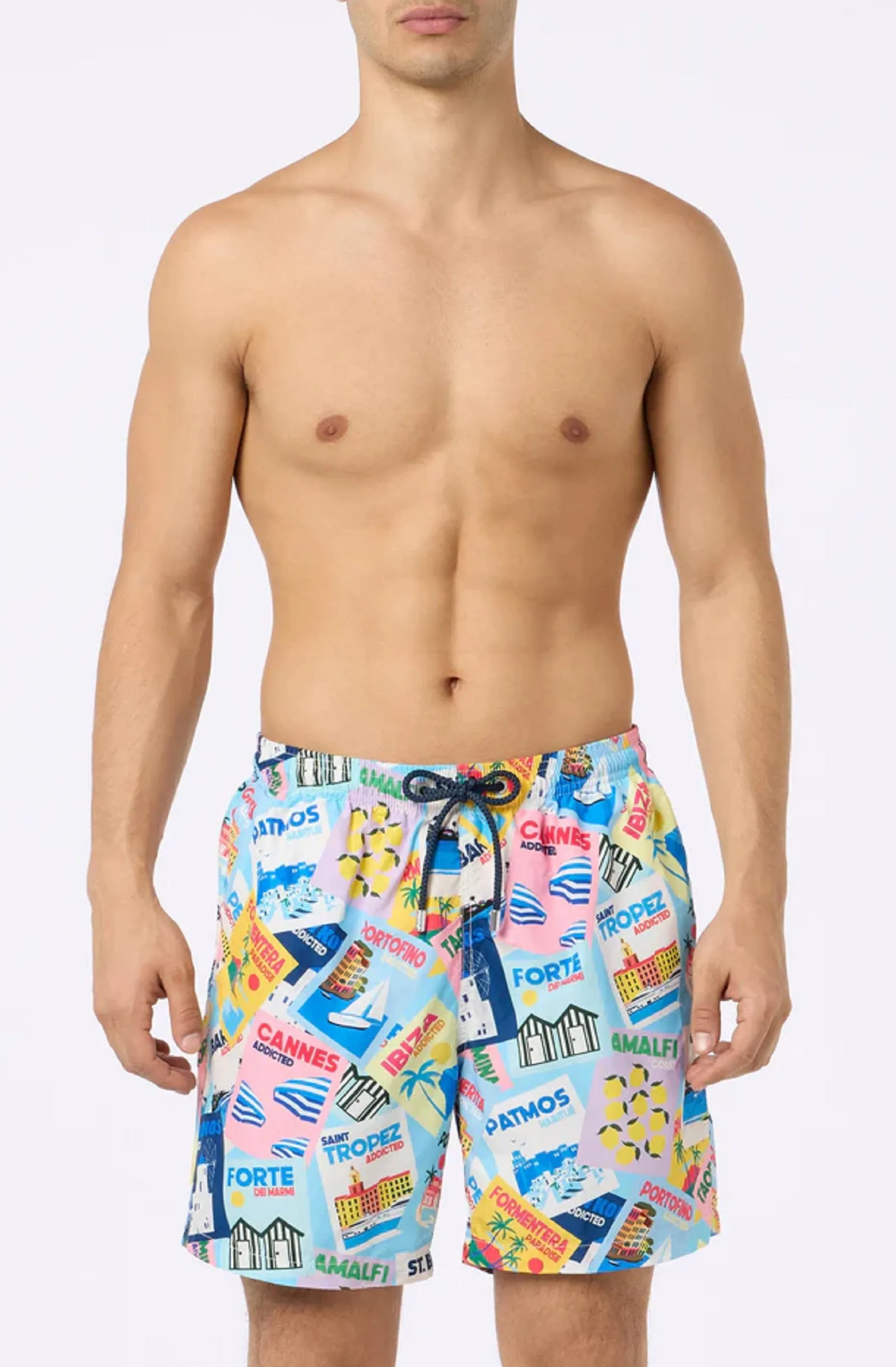 MC2 SAINT BARTH Men Lightweight Fabric Swim Shorts Postcards Print