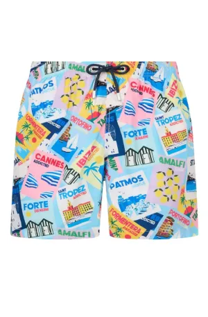 MC2 SAINT BARTH Men Lightweight Fabric Swim Shorts Postcards Print