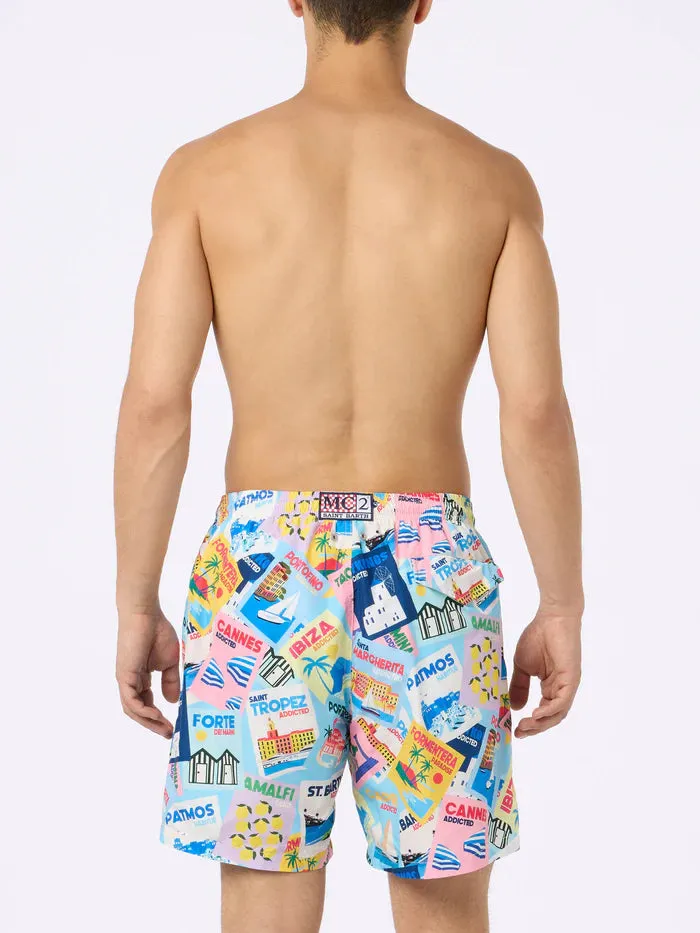MC2 SAINT BARTH Men Lightweight Fabric Swim Shorts Postcards Print