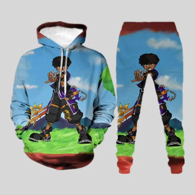 Men's 3d Digital Printing Loose Pullover Sweater Trousers Suit