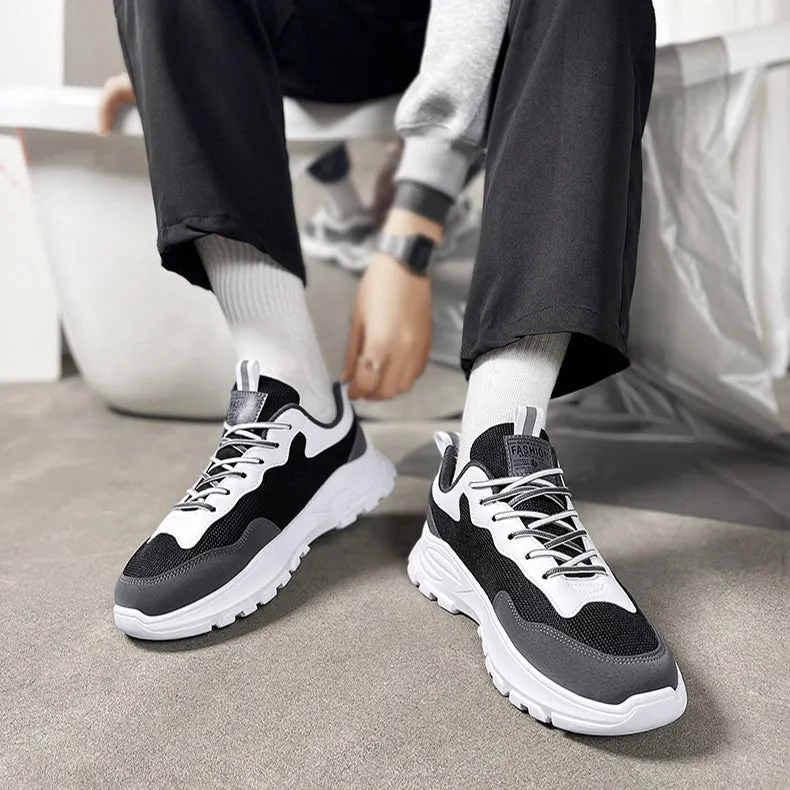 Men's Black and White Lace-Up Sneakers – Air Cushion Sports Shoes for Running and Walking