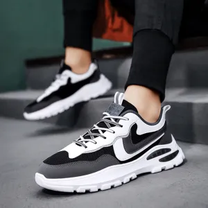 Men's Black and White Lace-Up Sneakers – Air Cushion Sports Shoes for Running and Walking