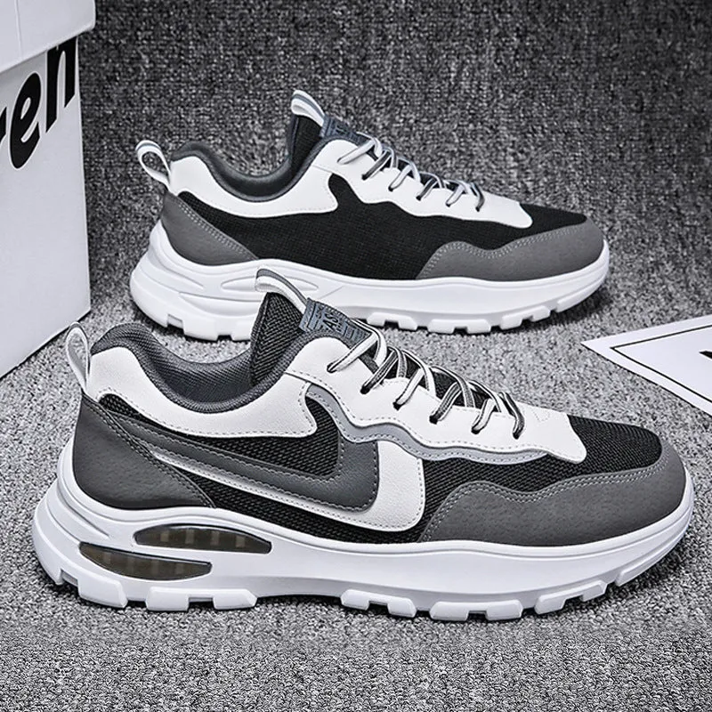 Men's Black and White Lace-Up Sneakers – Air Cushion Sports Shoes for Running and Walking