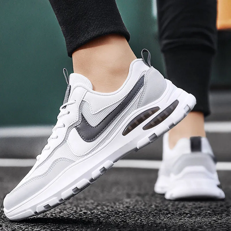 Men's Black and White Lace-Up Sneakers – Air Cushion Sports Shoes for Running and Walking
