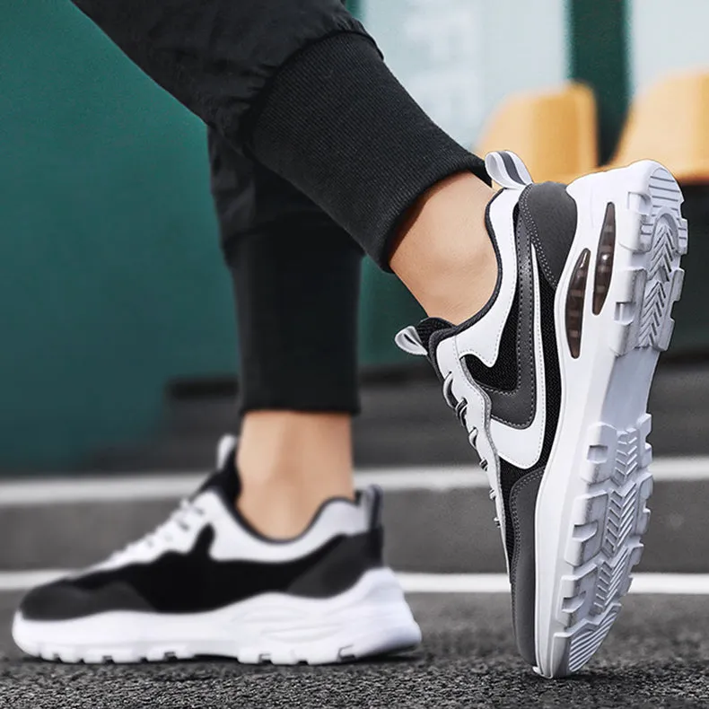 Men's Black and White Lace-Up Sneakers – Air Cushion Sports Shoes for Running and Walking