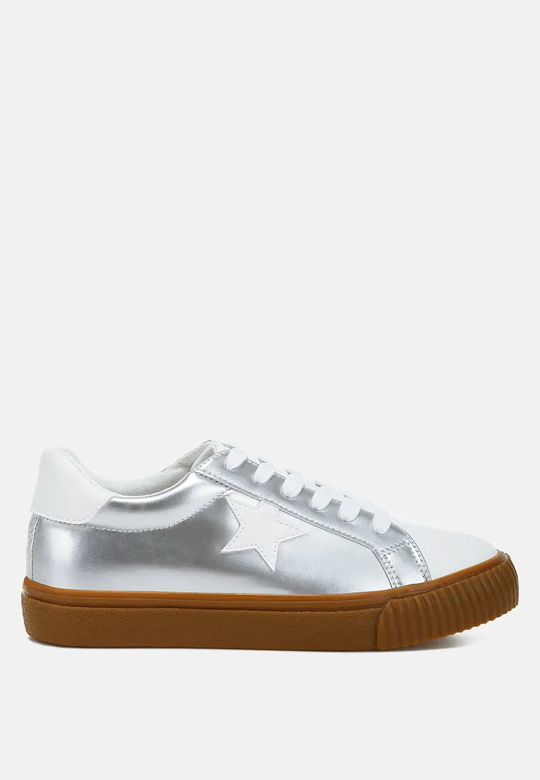Metallic Faux Leather Star Sneakers by RUW