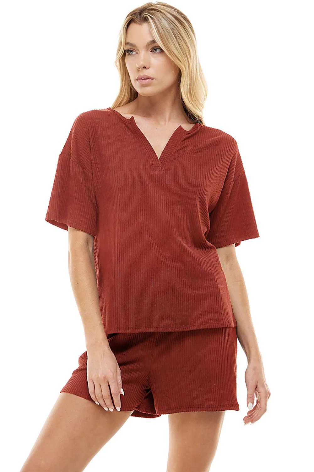MINT PLUS PINK Women's Ribbed Knit Pajama Sets Short Sleeve Top and Shorts 2 Piece Loungewear with Pockets